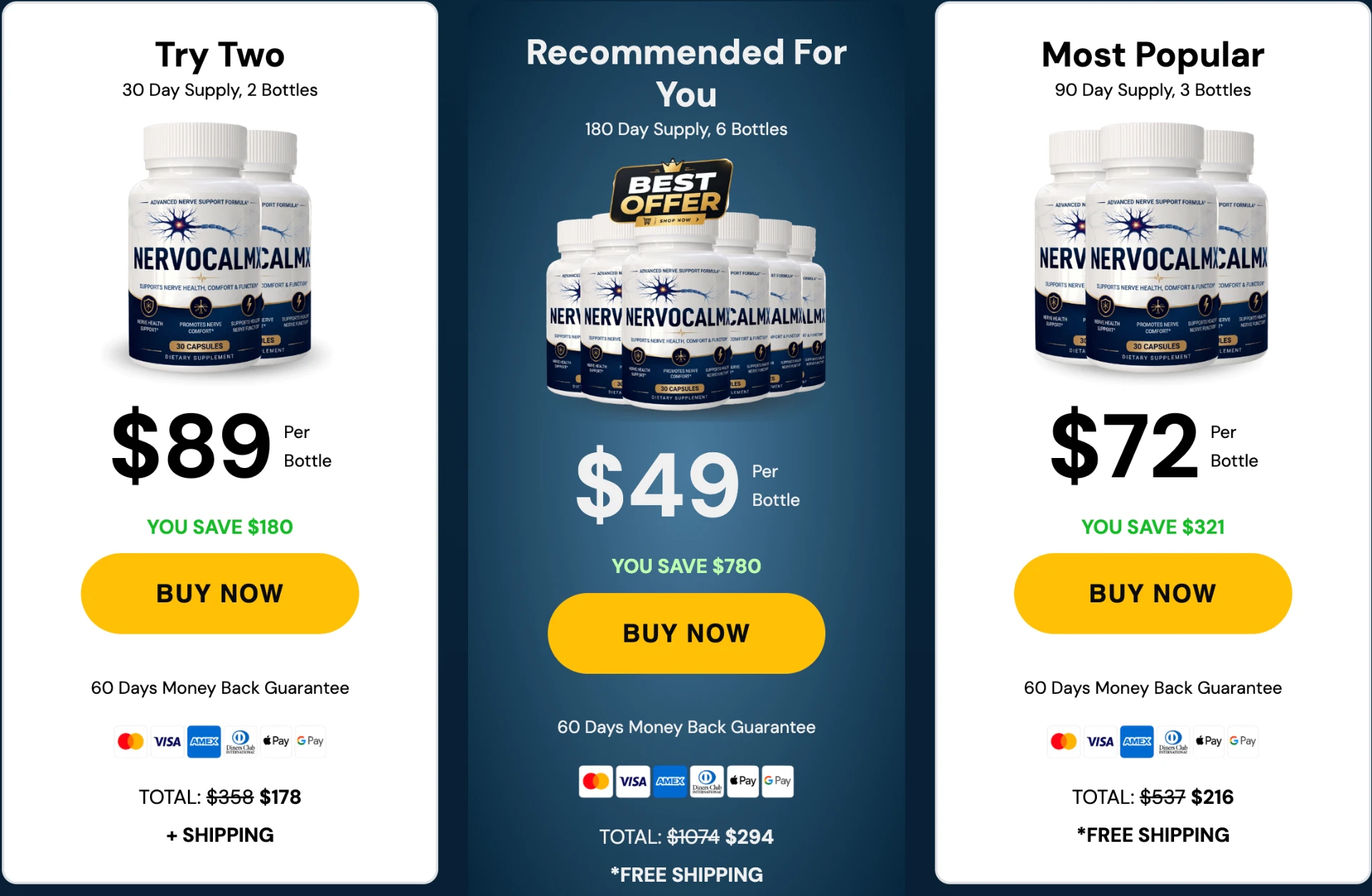 NervoCalmX pricing: 2-bottle at $89, 6-bottle best offer at $49, 3-bottle at $72
