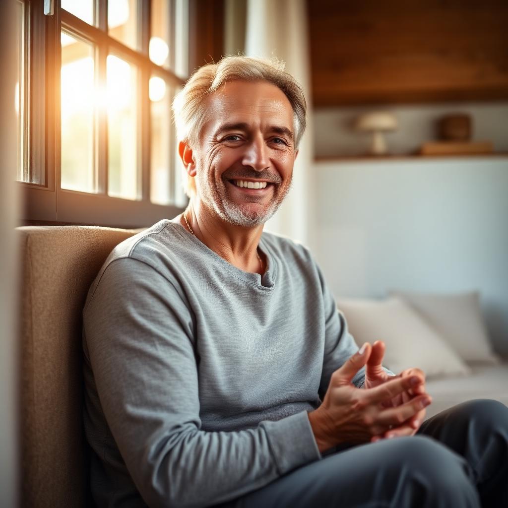 Adult smiling calmly after using NervoCalmX for nerve comfort